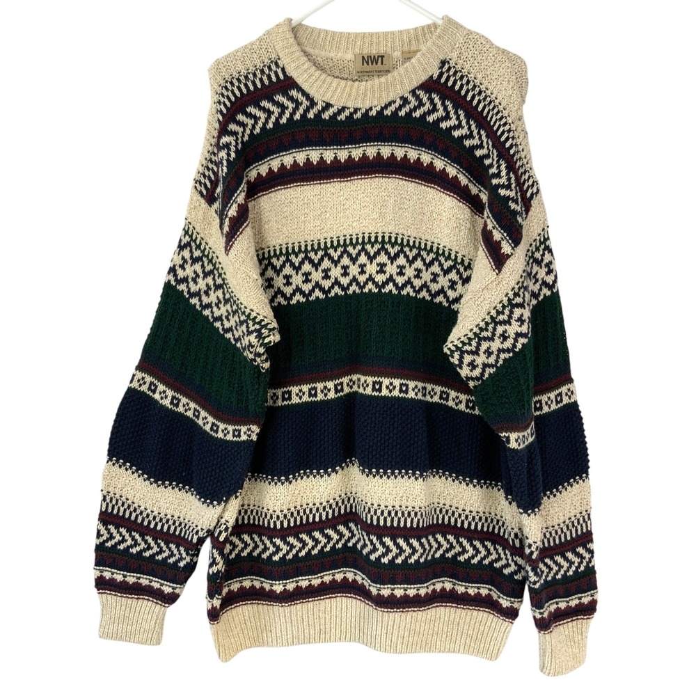 Northwest Territory Cream, Green & Navy Fair Isle Crewneck Sweater